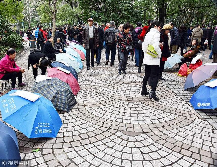 Cha mẹ TQ mang ô đến công viên xem mặt tìm bạn đời cho con